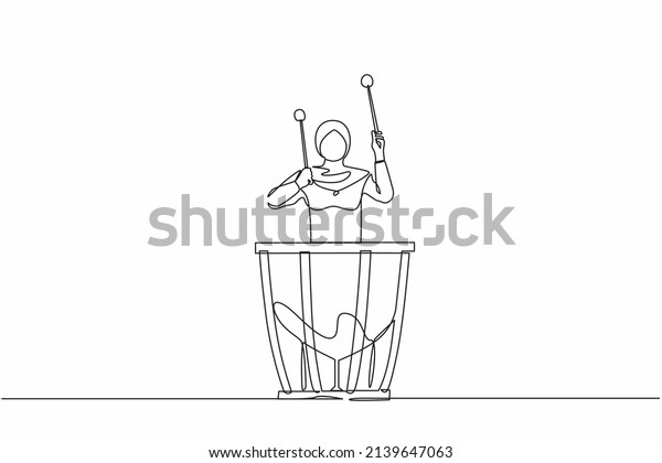 Single continuous line drawing Arab female
percussion player play on timpani. Woman performer holding stick
and playing musical instrument. Musical instrument timpani. One
line graphic design
vector