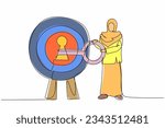 Single continuous line drawing Arabian businesswoman put key into bullseye target. Accuracy in success business plan. Career path. Secret for achieve goals. One line graphic design vector illustration