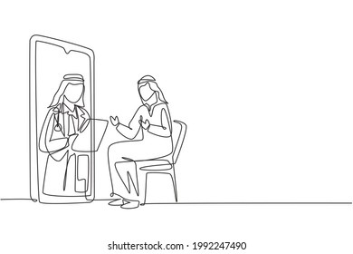 Single continuous line drawing Arabian male doctor holding clipboard checking condition of male patient sitting on chair. Online consultation. Dynamic one line draw graphic design vector illustration