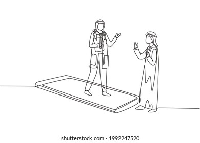 Single continuous line drawing Arabian male doctor standing on smartphone, in front of his standing Arab male patient. Online medical services. Dynamic one line draw graphic design vector illustration