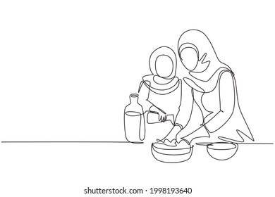 Single continuous line drawing Arabian little daughter helping her mother make dough by adding olive oil. Pastry preparation in cozy kitchen at home. One line draw graphic design vector illustration