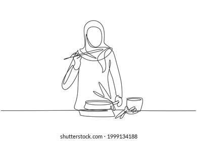 Single Continuous Line Drawing Arabian Woman Mixing Tomato Sauce, Tasting, And Relish Meal With Wooden Spatula. Prepare Food At Cozy Kitchen. Dynamic One Line Draw Graphic Design Vector Illustration