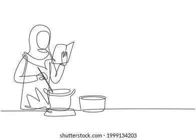 Single continuous line drawing Arabian woman cooking while reading book she is holding. Healthy food lifestyle concept. Cooking at home. Prepare food. One line draw graphic design vector illustration