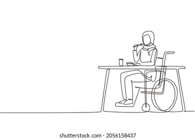 Single continuous line drawing Arabian female young wheelchair user eating food sitting at the table. Having lunch, snack in cafe. Society and disabled people. One line draw design vector illustration