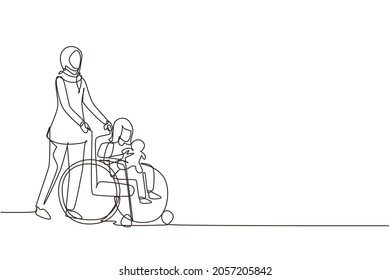 Single continuous line drawing Arabian mother and disabled daughter in wheelchair came for examination at clinic hospital  Mom helps child and disabilities  One line draw design vector illustration