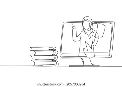 Single continuous line drawing Arabian female teacher is teaching, half of her body is out of monitor screen and beside her is pile of books. Dynamic one line draw graphic design vector illustration