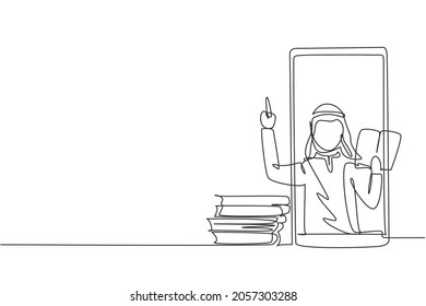 Dibujar una línea continua El profesor árabe es la enseñanza, la mitad de su cuerpo está fuera de la pantalla del smartphone y a su lado está un montón de libros. ilustración vectorial de diseño gráfico de una línea dinámica