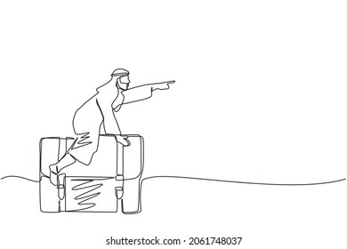 Una línea contínua dibujando a un hombre de negocios árabe volando sobre una cartera de negocios de cuero. Liderazgo y ataque. El movimiento de la persona de negocios tiene éxito. ilustración vectorial de diseño gráfico de una línea