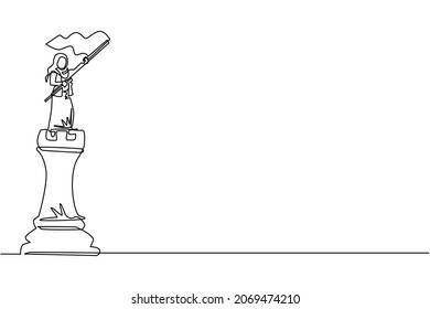 Single continuous line drawing Arabian businesswoman standing on top of big rook chess and waving a flag. Leader success concept. Successful business strategy. One line draw design vector illustration