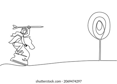 Single continuous line drawing Arabian businessman holding a dart arrow while riding chess knight piece, strategic concept. Success business manager. One line draw graphic design vector illustration