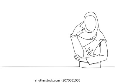 Single continuous line drawing Arabian woman touching her temples and remembering something. Female holding finger on head, feeling tired exhausted, chronic work stress. One line draw design vector