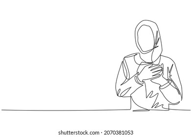 Single continuous line drawing Arabian woman keeping hands on chest. Female suffering from chest pain or heart attack. Health care concept. Emotion, body language. One line draw graphic design vector