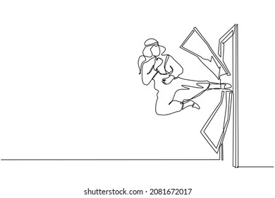 Single continuous line drawing Arabian businessman kicks the door with flying kick until door shattered. Man kicking locked door. Business concept of overcoming obstacles. One line draw design vector