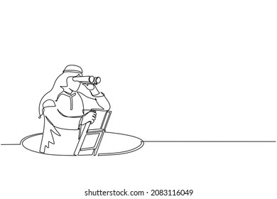 Single continuous line drawing Arabian businessman climbs out of the hole by ladder and using binocular. Business vision and solution concept. Symbol of challenge. One line draw graphic design vector