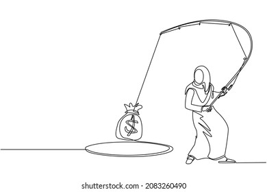 Single continuous line drawing Arabian businesswoman holding fishing rod got big money bag from hole. Woman catching money bag with fishing rod. Business concept. One line draw graphic design vector