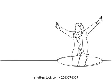 Single continuous line drawing Arabian businesswoman fell into manhole underground sewer. Woman fell sewer hatch. Depressed and business failure concept. Metaphor. Defeat. One line draw design vector