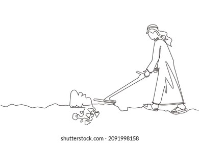 Einzelne kontinuierliche Zeichnung arabischen Geschäftsmann mit Metalldetektor auf der Suche nach Diamantenstapel. Ein Schatzsucher mit Metalldetektor, der Edelstein findet. Grafik-Design-Vektorgrafik einer Zeile