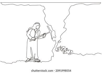 Single continuous line drawing Arabian businessman digging with pickaxe to get diamond. Worker digging and mining for diamond in an underground tunnel. One line draw graphic design vector illustration
