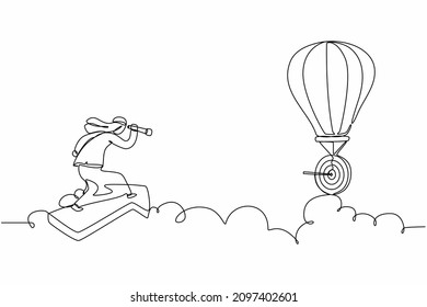 Single continuous line drawing Arabian businessman ride arrow symbol, flying, and using monocular to see business vision on hot air balloon. Professional manager. One line draw graphic design vector