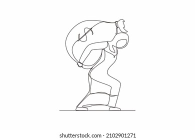 Single continuous line drawing Arabian businesswoman carrying big and heavy money bag on her back. Financial problems, taxation burden or business debt, deadline. One line draw graphic design vector