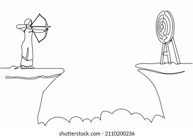 Single continuous line drawing Arabian businesswoman standing on cliff with archer in hand. Business target. Woman forced to successful. Shooting target with bow, arrow. One line graphic design vector