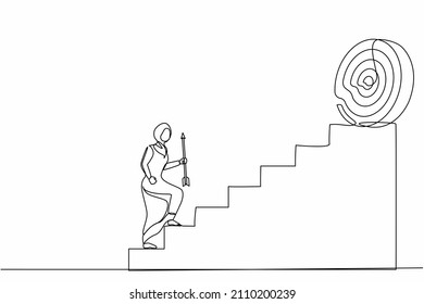 Single continuous line drawing Arabian businesswoman holding arrow running up stairway to high target. Business growth, path to success. Career path. One line draw graphic design vector illustration