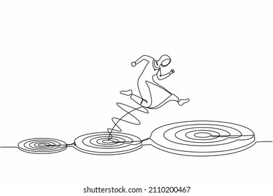 Single continuous line drawing Arabian businesswoman jumping on bigger target, successfully. Advancement in career or business growth concept. Aspiration and motivation. One line graphic design vector