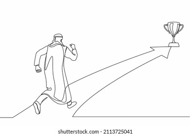 Single continuous line drawing Arabian businessman running on forward arrow to get trophy. People ready to start career and business. Manager running towards goal. One line draw graphic design vector