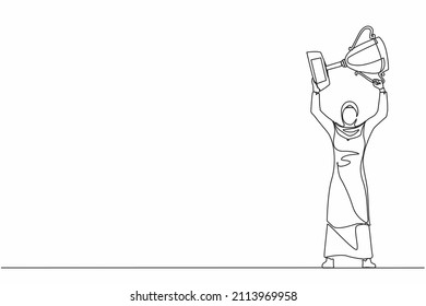 Single continuous line drawing Arabian businesswoman standing and lifting trophy. Career goal icon. Victory sign or symbol. Winner pose. Success, goal, achievement. One line draw graphic design vector
