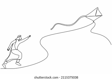 Single continuous line drawing Arabian businessman runs with a flying kite. Race for opportunities, catch a dream metaphor, run the project. Dynamic one line draw graphic design vector illustration