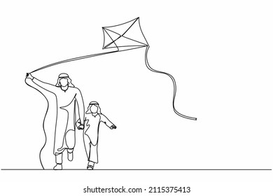 Single continuous line drawing Arabian father and son launching kite in the park. Happy young father and child boy spending free time together. Dynamic one line draw graphic design vector illustration