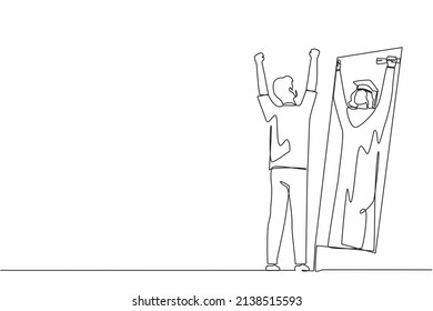 Single continuous line drawing Arabian businessman standing in front of mirror looking his reflection, imagine himself graduation student with diploma. Successful future. One line draw design vector