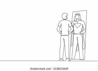 Single continuous line drawing Arabian businessman looking at reflection in mirror and seeing super hero standing. Leadership, ambition and self confidence. One line graphic design vector illustration