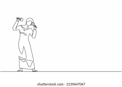 Single continuous line drawing Arabian woman street band player mariachi plays maracas. Female performer with maracas musical instruments, mariachi player at national festival. One line design vector