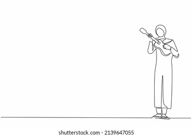 Single continuous line drawing Arabian girl playing on ukulele and having fun. Female musician holding small guitar and singing. Woman play on musical instrument. One line draw graphic design vector