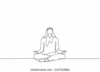 Single continuous line drawing Arabian businessman doing yoga. Office worker sitting in yoga pose, meditation, relaxing, calm down and manage stress. One line draw graphic design vector illustration