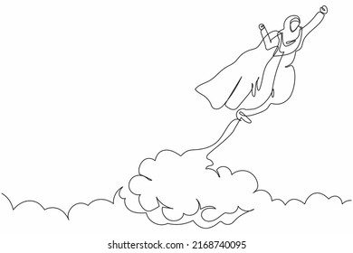 Single continuous line drawing Arabian businesswoman superhero with cloak flying up to success. Business takes off. Power uniqueness business project. One line draw graphic design vector illustration