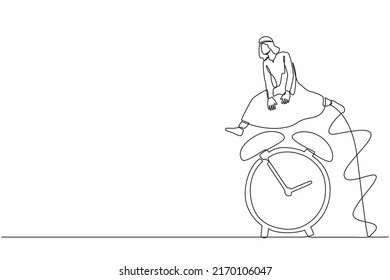 Single continuous line drawing Arabian businessman jump over time passing alarm clock. Overload work with deadline. Working time efficiency concept. One line draw graphic design vector illustration