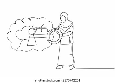 Single continuous line drawing Arabian businesswoman put key into brain. Open minded personality. Mental health care, psychology. healthy soul. Dynamic one line draw graphic design vector illustration