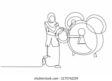 Single continuous line drawing Arabian businesswoman put key into alarm clock. Wake up from economic crisis metaphor. Manager unlock deadline business project. One line draw design vector illustration