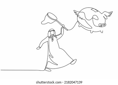 Single continuous line drawing Arabian businessman try to catching flying piggy bank with butterfly net. Loss of retirement savings. Business metaphor. One line draw graphic design vector illustration