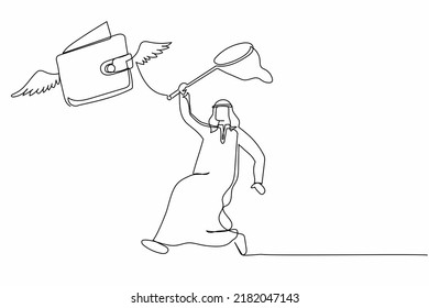 Single continuous line drawing Arabian businessman try to catching flying wallet with butterfly net. Snack money lost on the road. Business metaphor. One line draw graphic design vector illustration