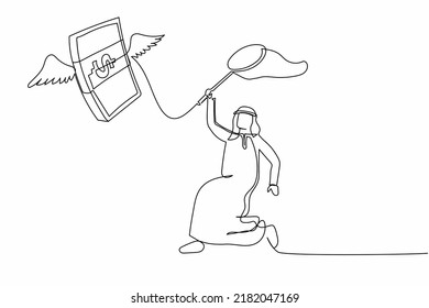 Single continuous line drawing Arabian businessman try to catching flying money stack with butterfly net. Failed raise salary at office. Business metaphor. One line graphic design vector illustration