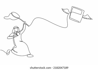 Single Continuous Line Drawing Arabian Businessman Try To Catching Flying Book With Butterfly Net. Low Education Due To Lack Of Reading. Business Metaphor. One Line Graphic Design Vector Illustration