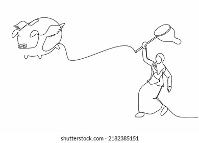 Single continuous line drawing Arabian businesswoman try to catching flying piggy bank with butterfly net. Future savings lost due to economic crisis. One line draw graphic design vector illustration