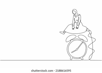 Single continuous line drawing Arabian businesswoman jump over alarm clock. Business deadline or working time efficiency concept. Wake up inspiration. One line draw graphic design vector illustration