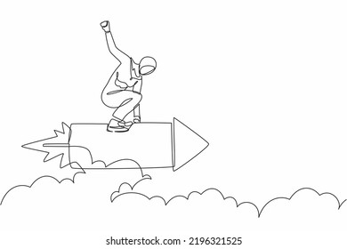 Single continuous line drawing Arabian businesswoman standing astride a rocket and flying through the air. Successful business and motivation concept. One line draw graphic design vector illustration