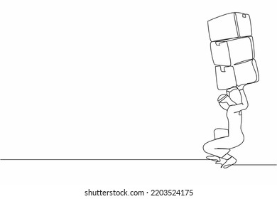 Una sola línea contínua dibujando a un hombre de negocios árabe cargando una gran pila de cajas en su espalda. Estrés en el trabajo. Burocracia, papeleo, concepto de big data. ilustración vectorial de diseño gráfico de una línea
