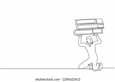 Single continuous line drawing Arabian businesswoman carrying heavy pile of paper folder on her back. Stressed employee with paperwork pressure. Overworked worker. One line design vector illustration