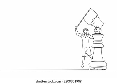 Single continuous line drawing Arabian businessman waving flag on king chess piece metaphor of win competition. Successful and superiority in business. One line draw graphic design vector illustration